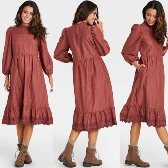 Universal Thread Dresses & Skirts - Universal Thread Midi Dress Size S Crew Neck Boho Long Sleeve Ruffle Flowy Pink